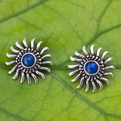 Lapis lazuli button earrings, 'Mexican Suns' - Sterling Silver and Lapis Lazuli Handcrafted Button Earrings