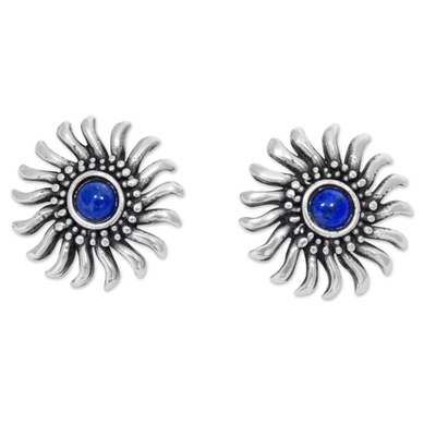Lapis lazuli button earrings, 'Mexican Suns' - Sterling Silver and Lapis Lazuli Handcrafted Button Earrings