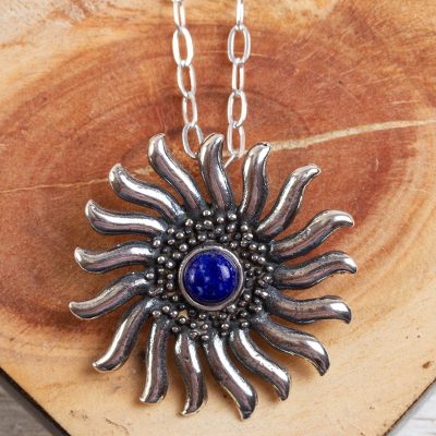 Lapis lazuli pendant necklace, 'Mexican Sun' - Lapis Lazuli and Sterling Silver Artisan Crafted Necklace