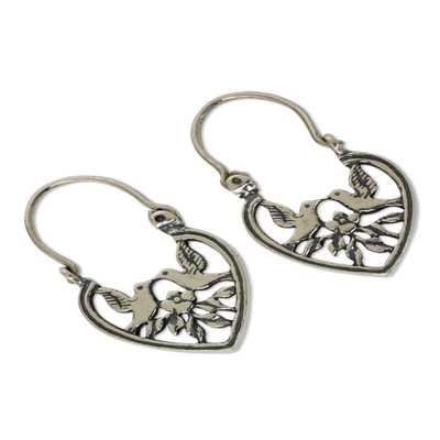 Sterling silver hoop earrings, 'Love on the Wing' - Heart Shaped Silver Hoop Earrings with Birds and Flowers