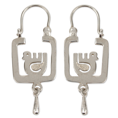 Sterling silver hoop earrings, 'Aztec Dove' - Square Sterling Silver Hoop Earrings with Birds