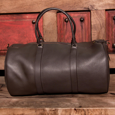 Leather travel bag, 'Journeys in Brown' - Soft Mexican Leather Lined Travel Bag with Internal Pocket