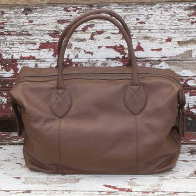 Leather travel bag, 'Let's Go in Brown' - Mexican Brown Leather Travel Bag Lined with Inner Pocket