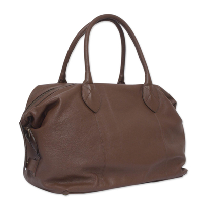 Leather travel bag, 'Let's Go in Brown' - Mexican Brown Leather Travel Bag Lined with Inner Pocket