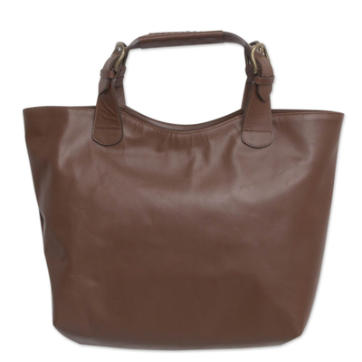 Leather tote handbag, 'Generosity' - Sleek Brown Leather Large Tote Handbag from Mexico
