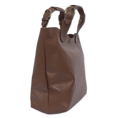 Leather tote handbag, 'Generosity' - Sleek Brown Leather Large Tote Handbag from Mexico