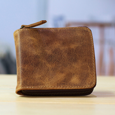 Men's leather wallet, 'Safeguard' - Amber Brown Leather Men's Zipper Wallet Handmade in Mexico