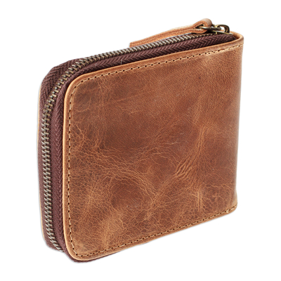 Men's leather wallet, 'Safeguard' - Amber Brown Leather Men's Zipper Wallet Handmade in Mexico