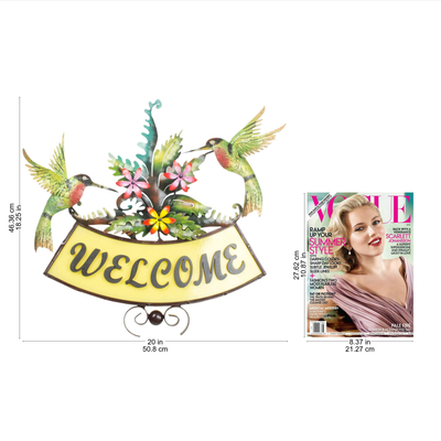 Iron welcome sign, 'Happy Hummingbirds' - Iron Birds and Flowers on Hand Crafted Welcome Sign