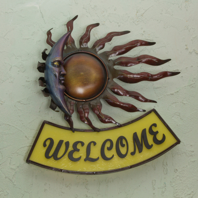 Iron welcome sign, 'High Wind Eclipse' - Hand Crafted Mexican Eclipse Iron Welcome Sign for Wall