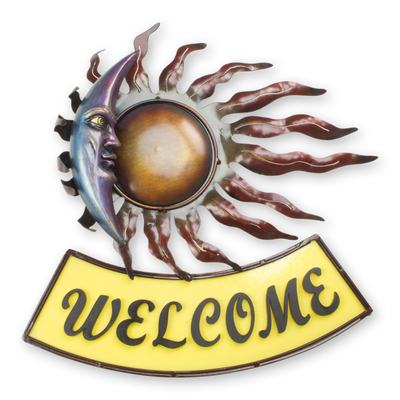 Iron welcome sign, 'High Wind Eclipse' - Hand Crafted Mexican Eclipse Iron Welcome Sign for Wall