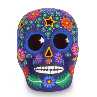 Keramikskulptur - Bunte Keramik-Totenkopf-Skulptur aus Mexiko