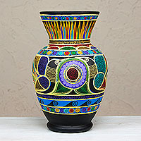 Ceramic vase, 'Nahua Doves' - Colorful Handcrafted Ceramic Vase from Mexico