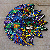 Ceramic eclipse, 'Night of the Dead' - Handcrafted Ceramic Eclipse Mask in Blue from Mexico
