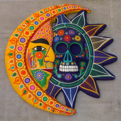 Ceramic eclipse, 'Day of the Dead' - Handcrafted Ceramic Eclipse Mask in Yellow and Blue