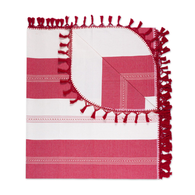 Zapotec cotton bedspread, 'Sweet Oaxaca' (twin) - Hand Woven Twin Size Cotton Bedspread in Red and Beige