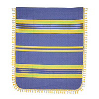 Zapotec cotton bedspread, 'Zapotec Coast' (twin) - Hand Woven Blue Yellow Striped Cotton Bedspread Twin Size