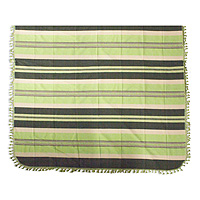 Zapotec cotton bedspread, 'Green Fields of Oaxaca' (king) - Hand Woven Green Striped Cotton Bedspread King Size