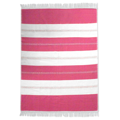 Mantel de algodón zapoteca, 'Dulce Oaxaca' - Mantel de algodón zapoteca rosa y beige telar a mano