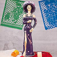 Ceramic sculpture, 'Catrina in Purple' - Handcrafted Mexican Ceramic Day of the Dead Sculpture