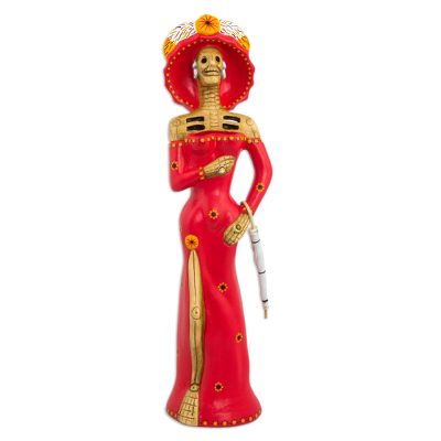 Ceramic sculpture, 'Catrina in Scarlet' - Mexican Day of the Dead Unique Ceramic Sculpture
