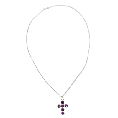 Amethyst cross necklace, 'Spiritual Serenity' - Artisan Crafted Amethyst Cross on Mexican Silver Necklace