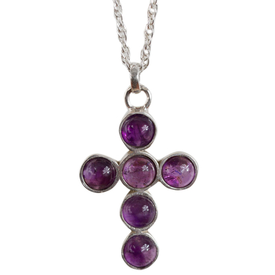 Amethyst cross necklace, 'Spiritual Serenity' - Artisan Crafted Amethyst Cross on Mexican Silver Necklace
