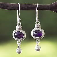 Amethyst dangle earrings, 'Quetzals' - Artisan Crafted Sterling Silver and Amethyst Earrings