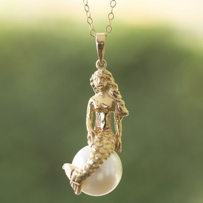 Gold plated and faux pearl pendant necklace, 'Mermaid' - Gold Plate and Swarovski Crystal Pearl Mermaid Necklace
