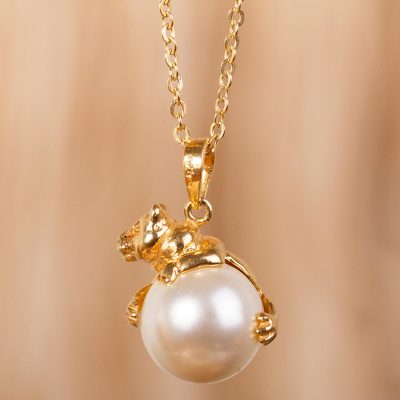 Gold plated and faux pearl pendant necklace, 'Bear Hug' - Gold Plate and Swarovski Crystal Pearl Bear Necklace
