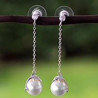Sterling silver dangle earrings, 'Dolphin Delight' - Mexican Handcrafted Sterling Silver and Faux Pearl Earrings