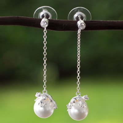 Sterling silver faux crystal pearl dangle earrings, 'Lucky Frogs' - Mexican Faux Pearl on Sterling Silver Frog Dangle Earrings