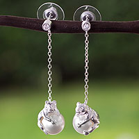 Sterling silver and faux pearl dangle earrings, 'Bear Hug' - Mexican Sterling Silver Bear Swarovski Dangle Earrings