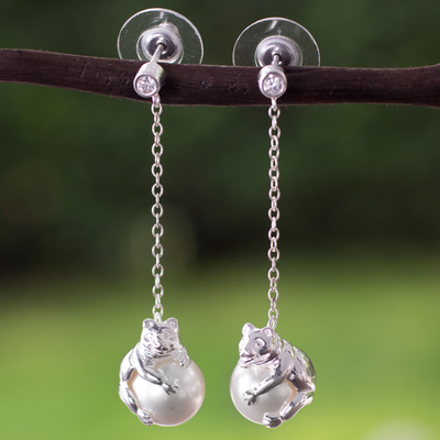 Sterling silver and faux pearl dangle earrings, Bear Hug
