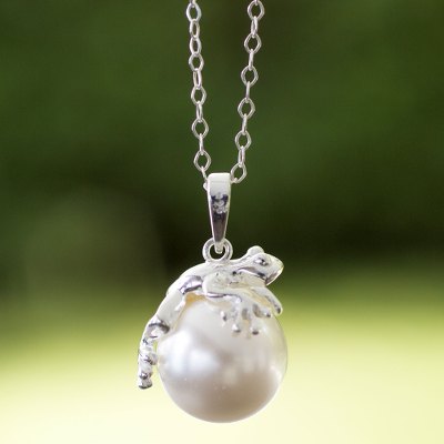Sterling silver and faux pearl pendant necklace, 'Lucky Frog' - Swarovski Crystal Pearl on Sterling Silver Necklace
