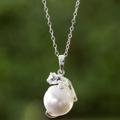Sterling silver and faux pearl pendant necklace, 'Curious Kitty' - Sterling Silver and Swarovski Crystal Necklace Handcrafted