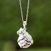 Sterling silver pendant necklace, 'Bear Hug' - Swarovski Crystal Pearl on Sterling Silver Pendant Necklace