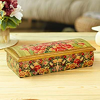 Decoupage Jewellery box, 'Roses' - Mexico Handcrafted Floral Decoupage Jewellery Box with Mirror