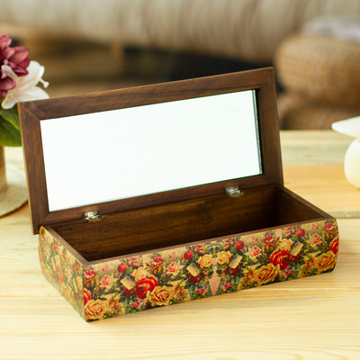 Decoupage jewelry box, 'Roses' - Mexico Handcrafted Floral Decoupage Jewelry Box with Mirror