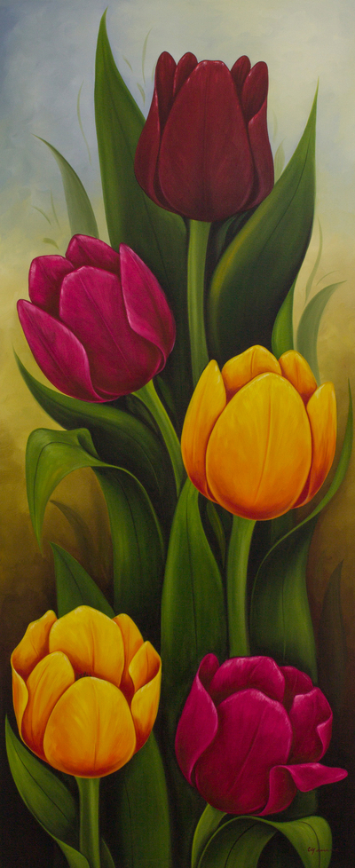 Artist Painting of Colorful Tulips from Mexico - Tulips II | NOVICA