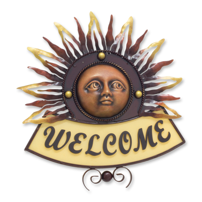 Iron welcome sign, 'Warm Mexican Sun' - Iron Mexican Sun in Hand Crafted Welcome Sign for Wall