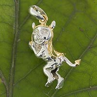 Gold accent sterling silver pendant, 'Mischievous Devil - Handcrafted 22k Gold Accented Sterling Silver Devil Pendant