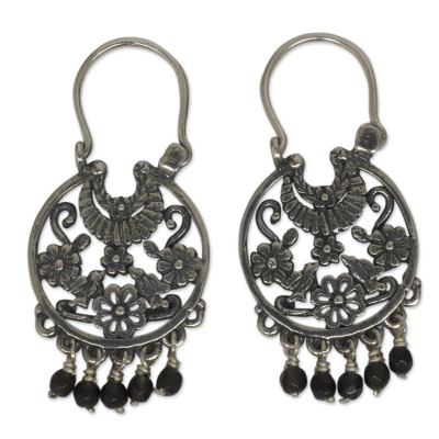 Onyx dangle earrings, 'Dance of the Flowers' - Antique Style Silver Dangle Earrings with Onyx