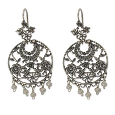 Cultured pearl chandelier earrings, 'Floral Bower' - Antique Style Silver Chandelier Earrings with Cultured Pearl