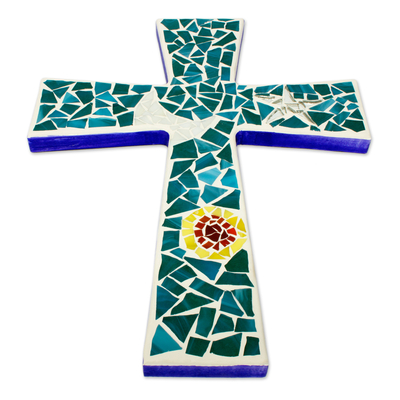 Glass mosaic cross, 'Heaven' - Artisan Crafted Recycled Blue Glass Mosaic Wall Cross