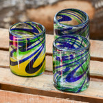 Blown glass rocks glasses, 'Elegant Energy' (set of 6) - Set of 6 Hand Made Blown Glass Rocks Glass in Blue and Green