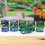 Blown glass rocks glasses, 'Elegant Energy' (set of 6) - Set of 6 Hand Made Blown Glass Rocks Glass in Blue and Green