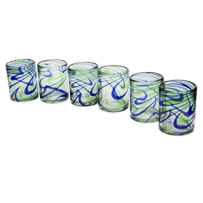 Blown glass rocks glasses, 'Elegant Energy' (set of 6) - Set of 6 Hand Made Blown Glass Rocks Glass in Blue and Green