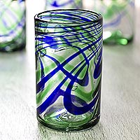 Blown glass tumbler glasses, 'Elegant Energy' (set of 6) - Set of 6 Hand Made Blown Glass Tumblers in Blue and Green