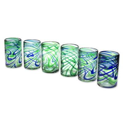 Vasos de vidrio soplado, 'Elegant Energy' (juego de 6) - Juego de 6 vasos de vidrio soplado hechos a mano en azul y verde